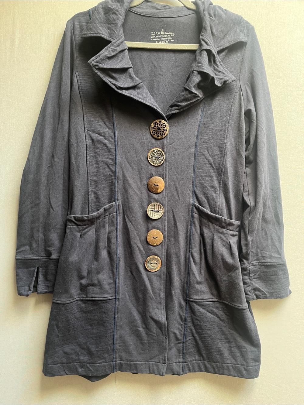 Neon Buddha Navy Blue Ruffled Collar Button Front Knit Jacket S